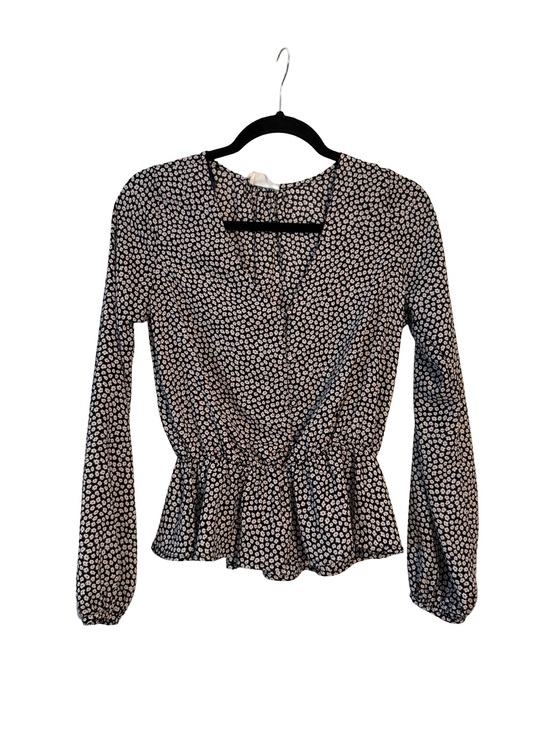 Sienna Sky Tops - Sienna Sky Black and White Floral with peplum waist Long-Sleeve Top